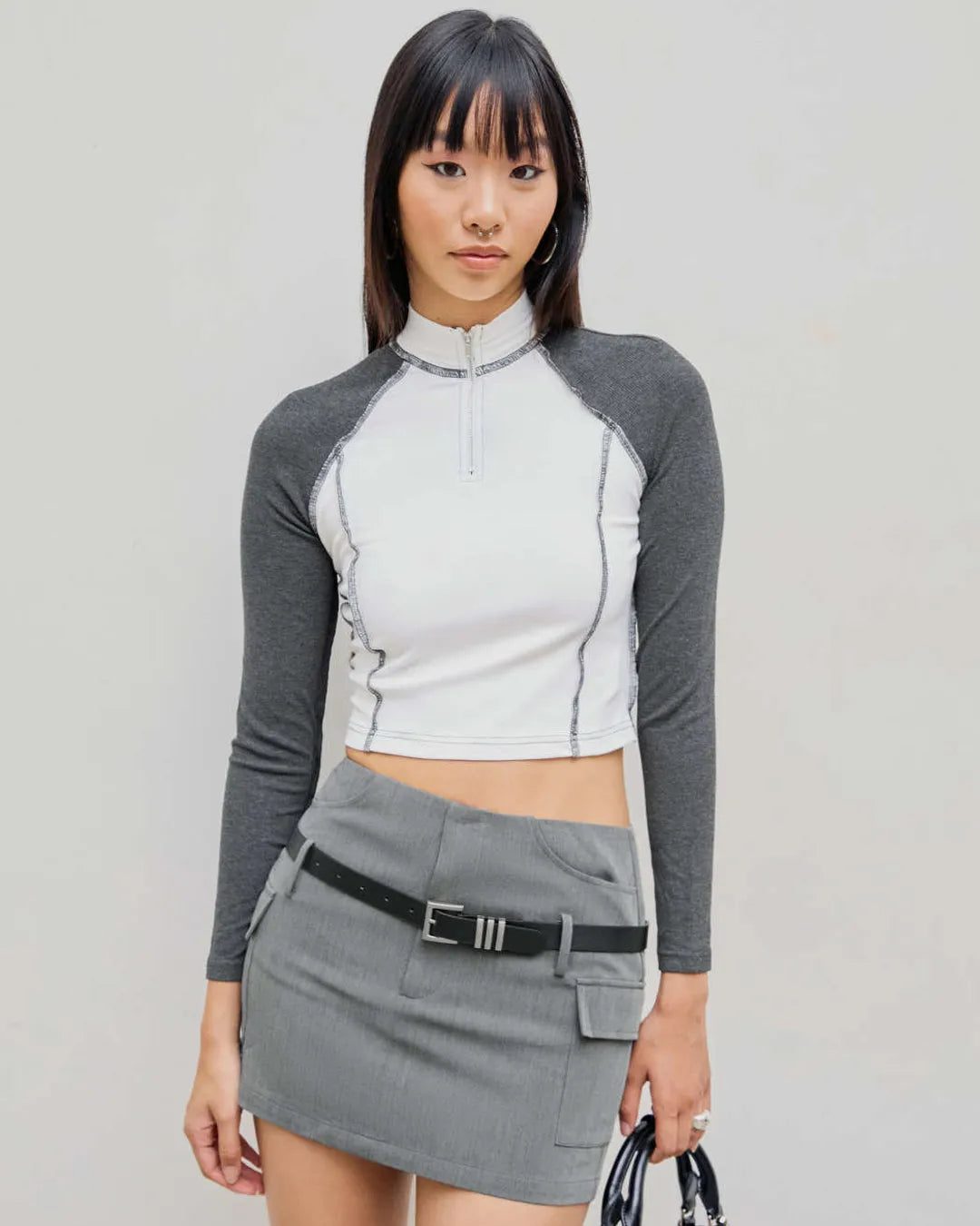 XS Two Tone Raglan Sleeve Top In Grey CT98
