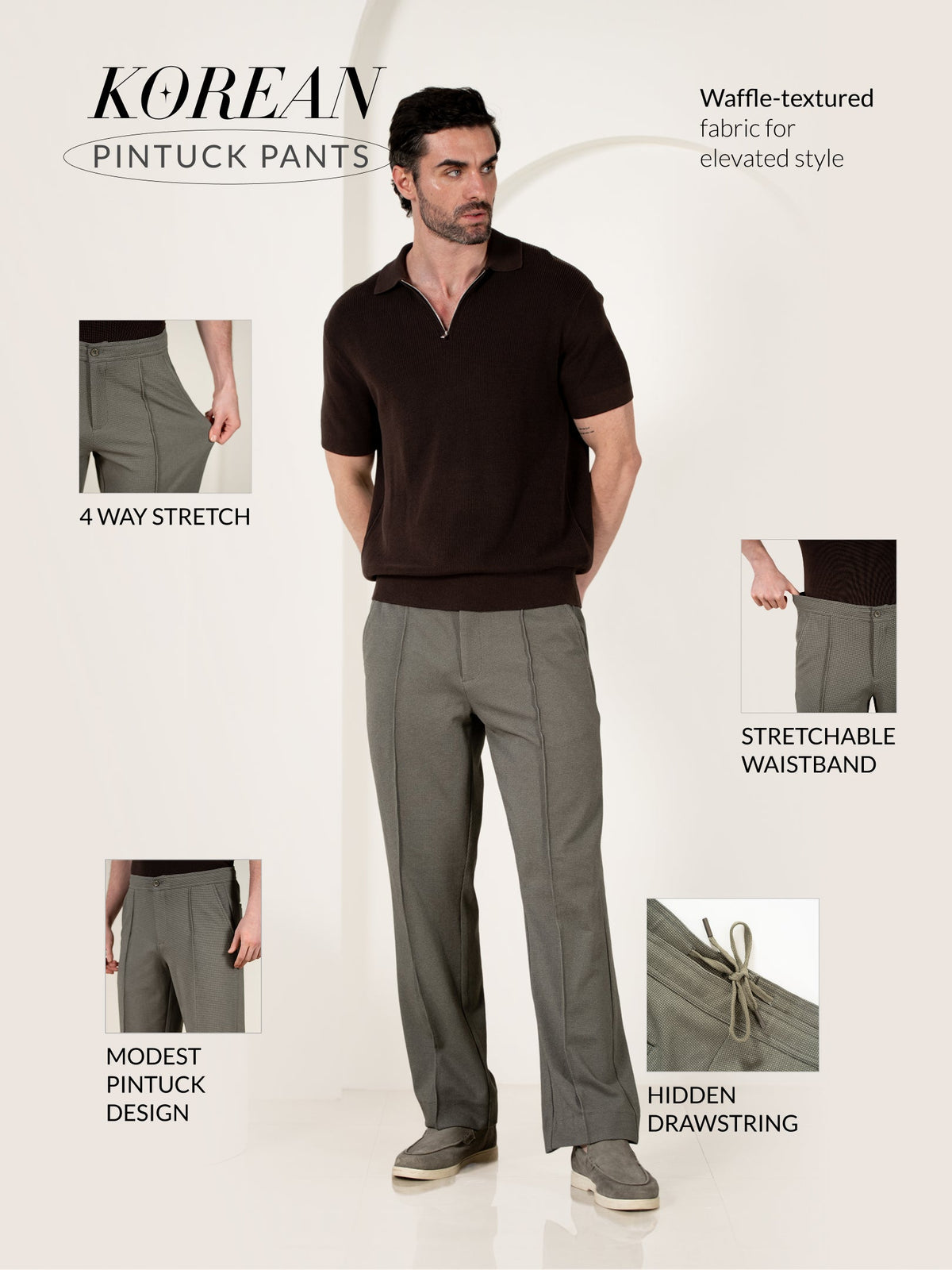 Viren Green Relaxed Fit Power Stretch Korean Pintuck Pants