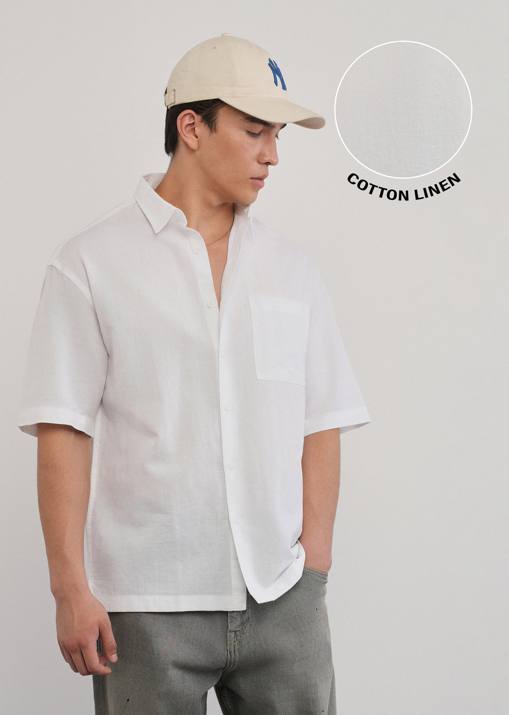 White Cotton Linen Half Sleeve Shirt