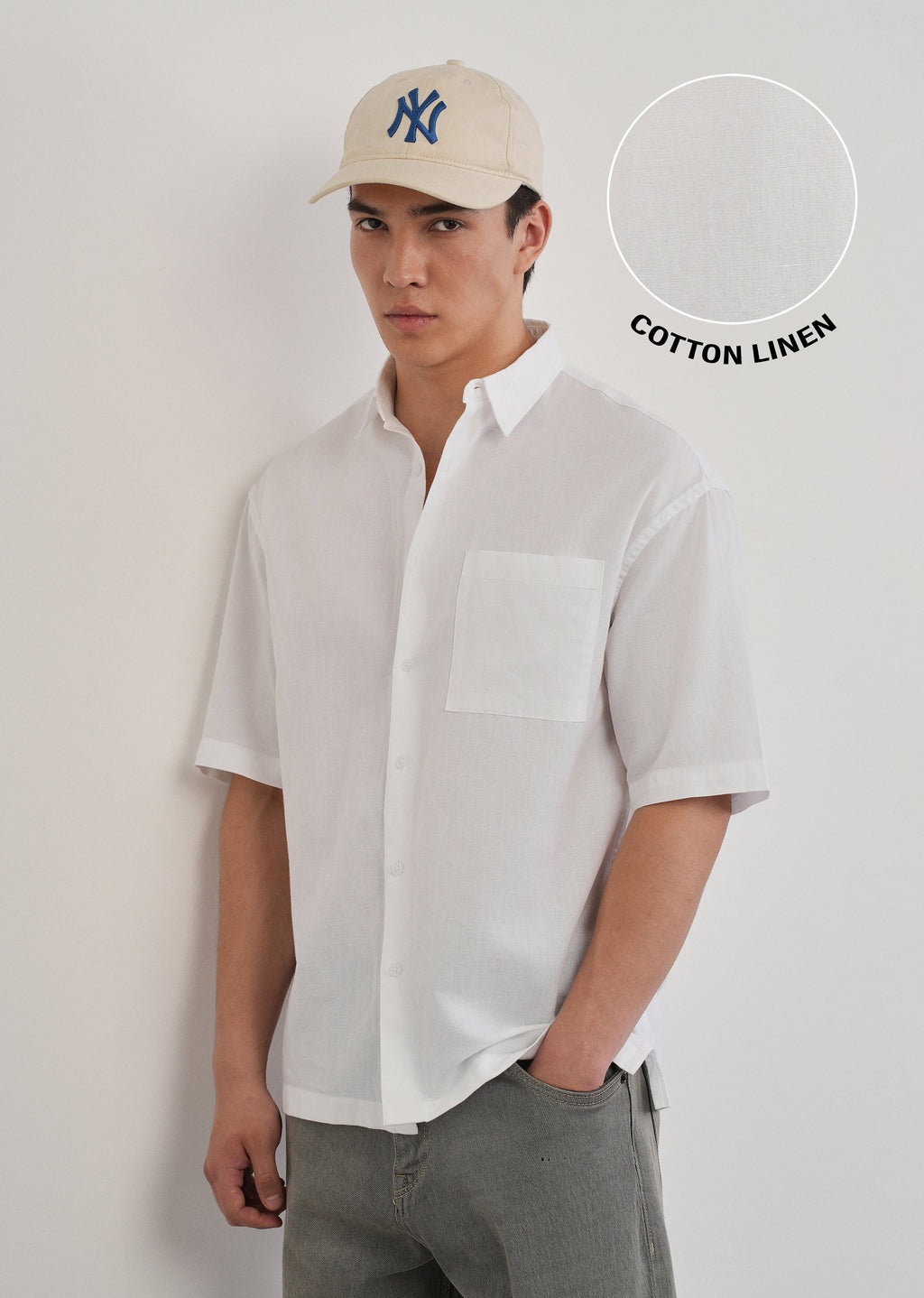 White Cotton Linen Half Sleeve Shirt