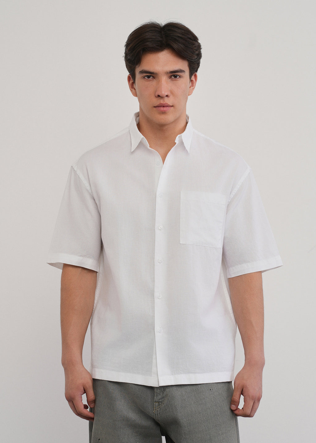 White Cotton Linen Half Sleeve Shirt