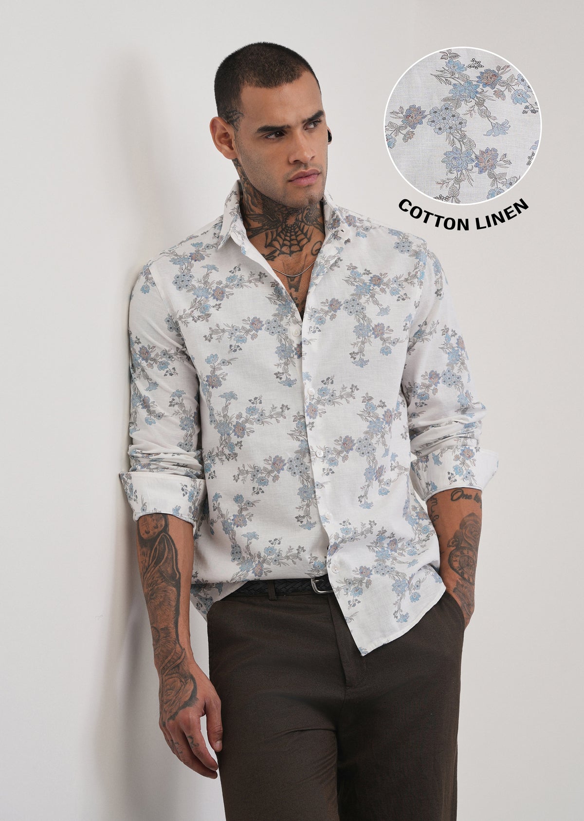White Floral Print Cotton Linen Shirt