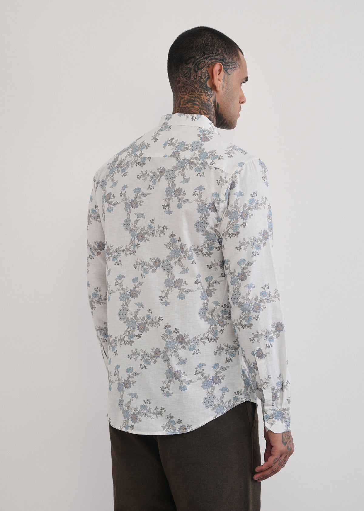 White Floral Print Cotton Linen Shirt
