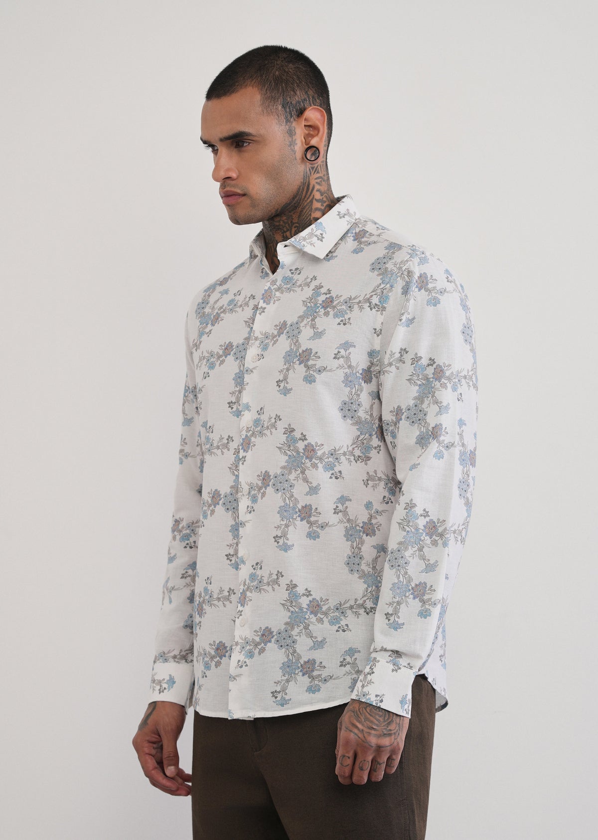White Floral Print Cotton Linen Shirt