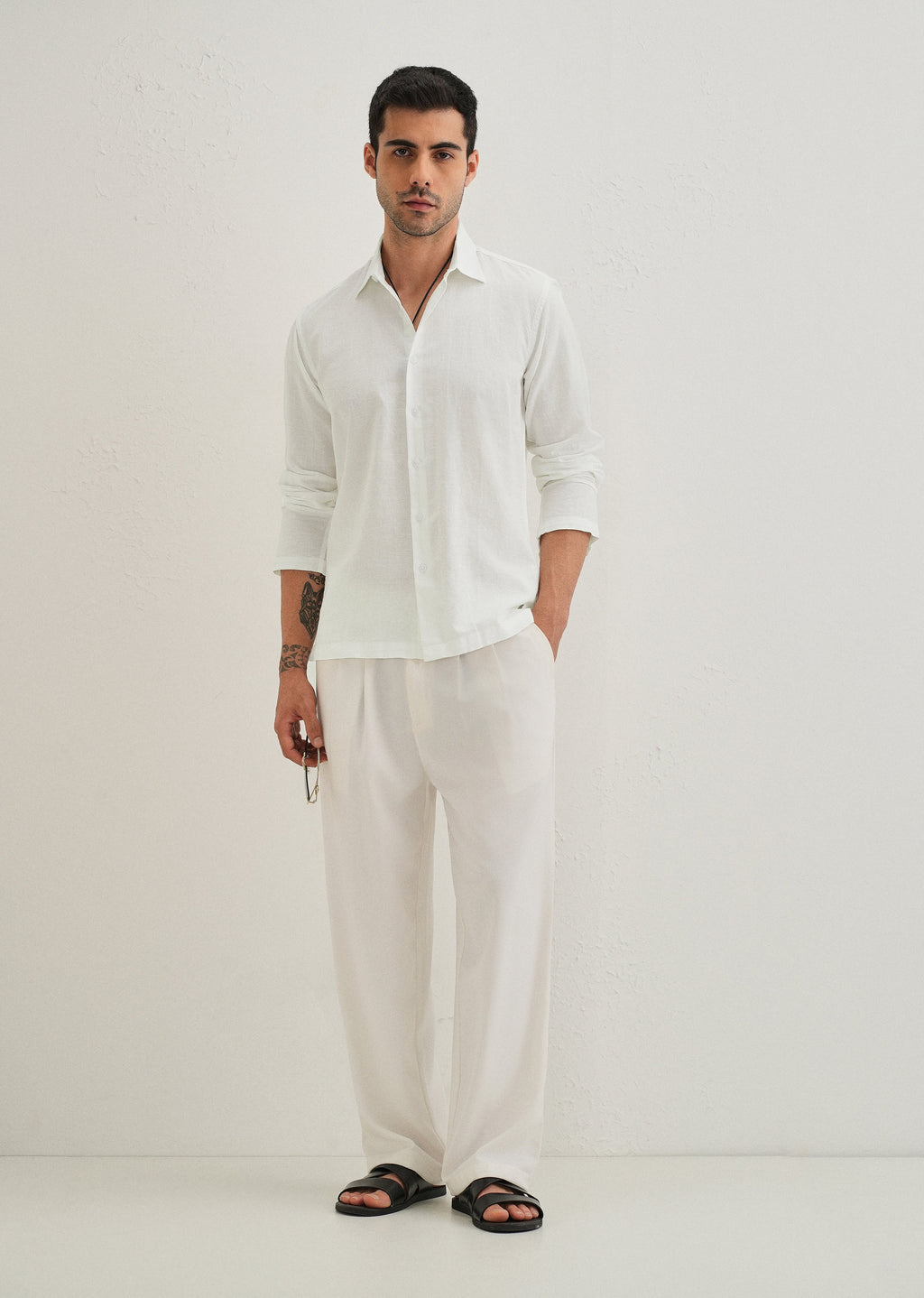 White Hidden Sleeve Placket Cotton Linen Shirt