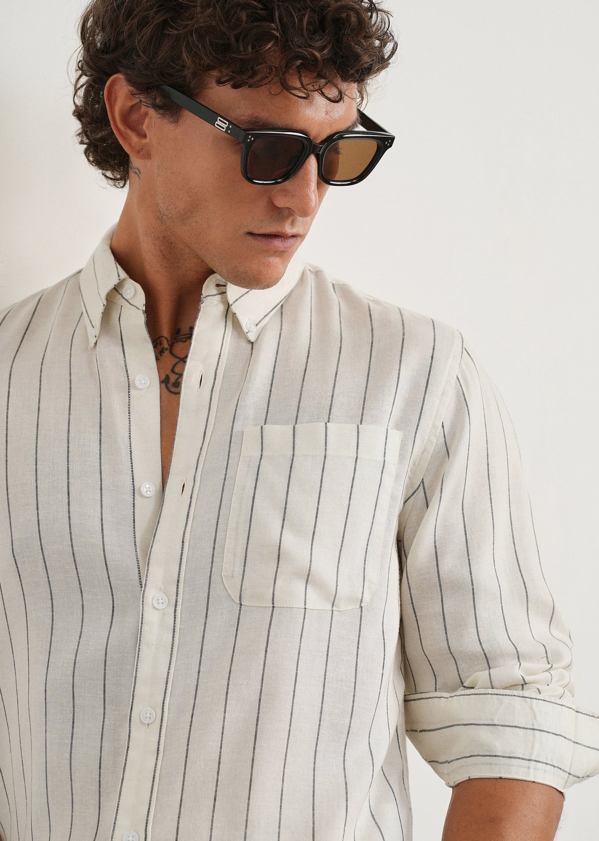 White Lyocell Linen Stripe Shirt