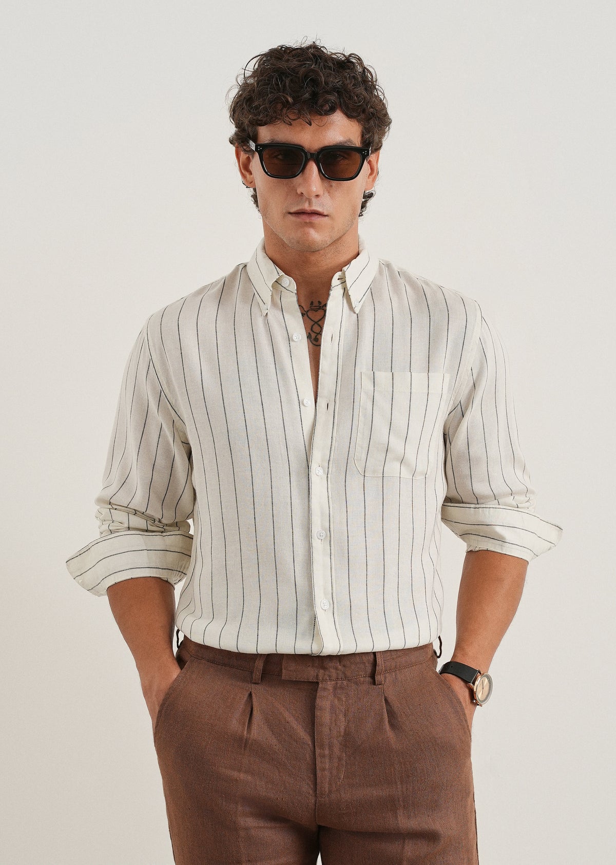 White Lyocell Linen Stripe Shirt