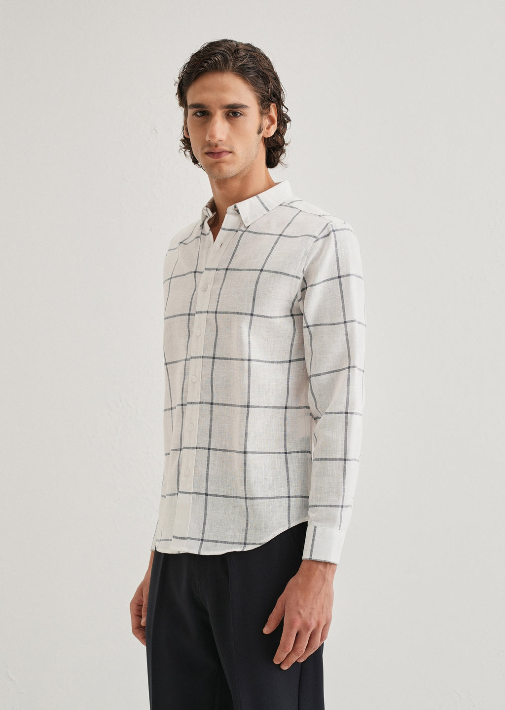 White Windowpane Check Blended Linen Shirt