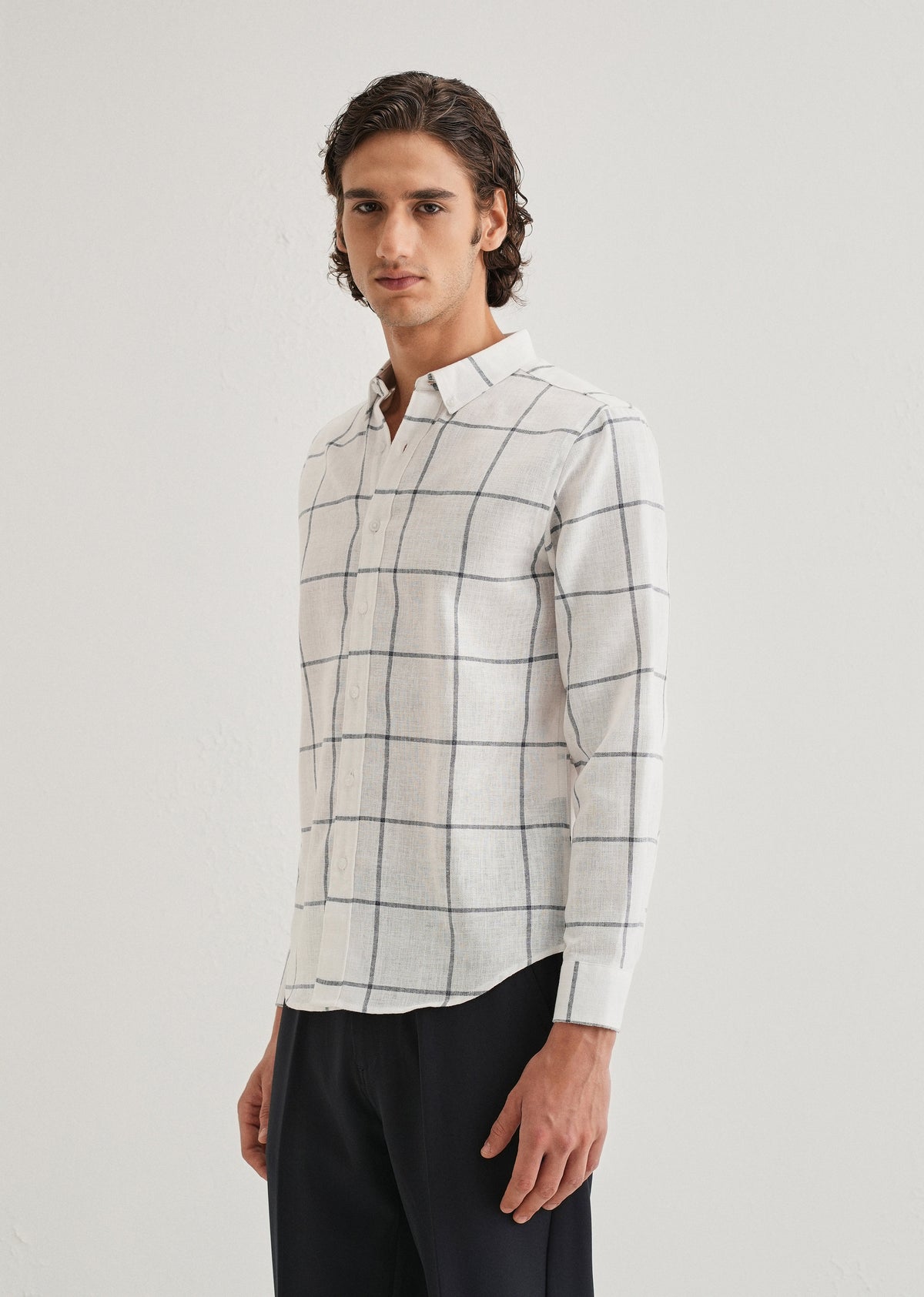 White Windowpane Check Blended Linen Shirt