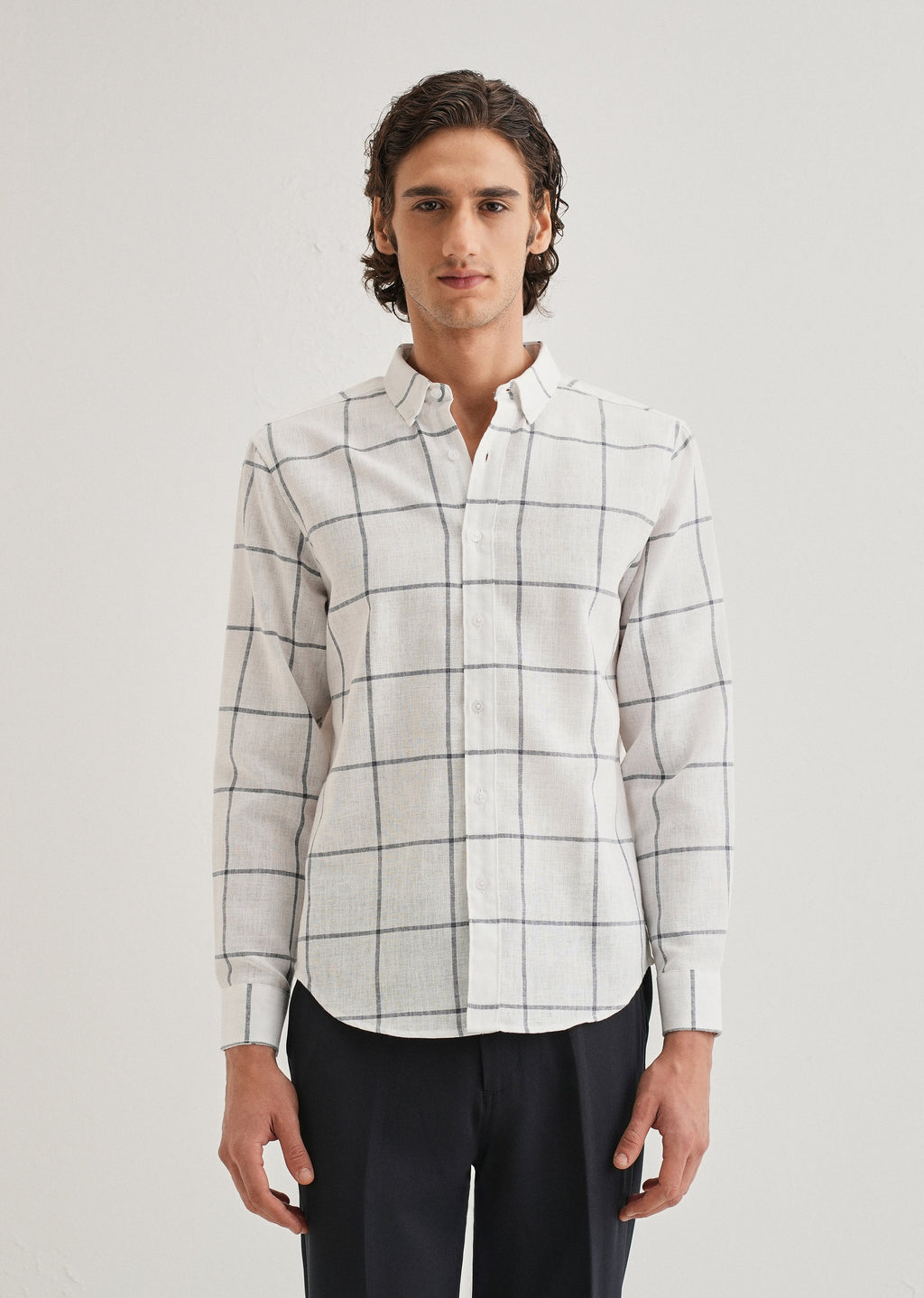 White Windowpane Check Blended Linen Shirt