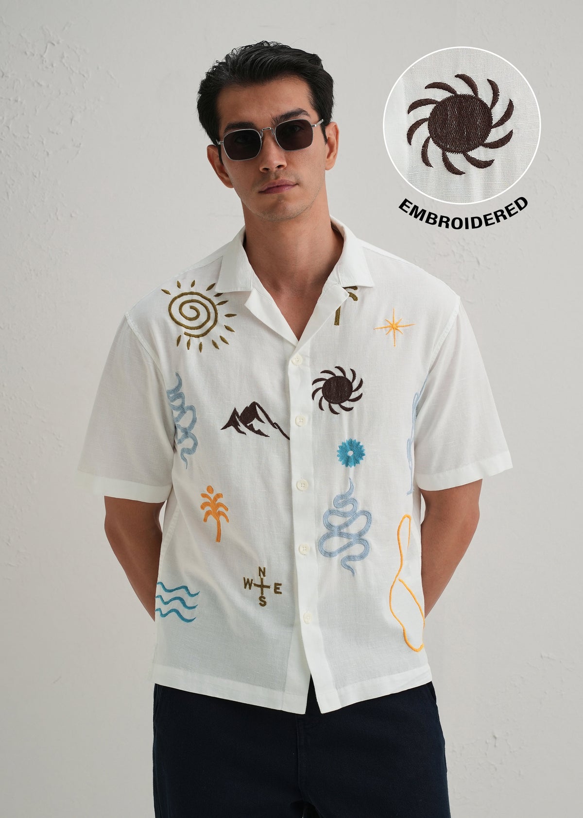 White Doodle Embroidery Cotton Linen Shirt