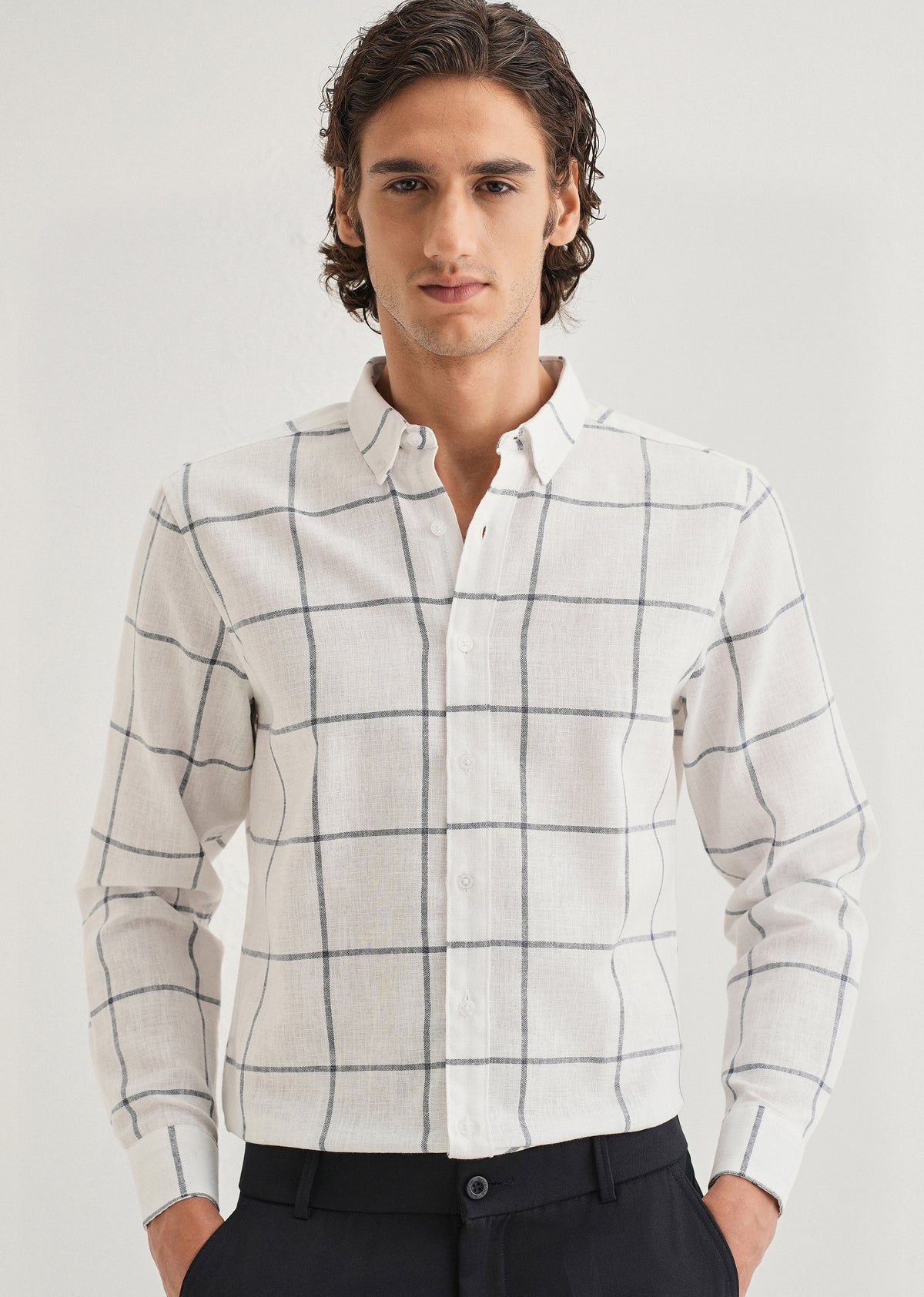 White Windowpane Check Blended Linen Shirt