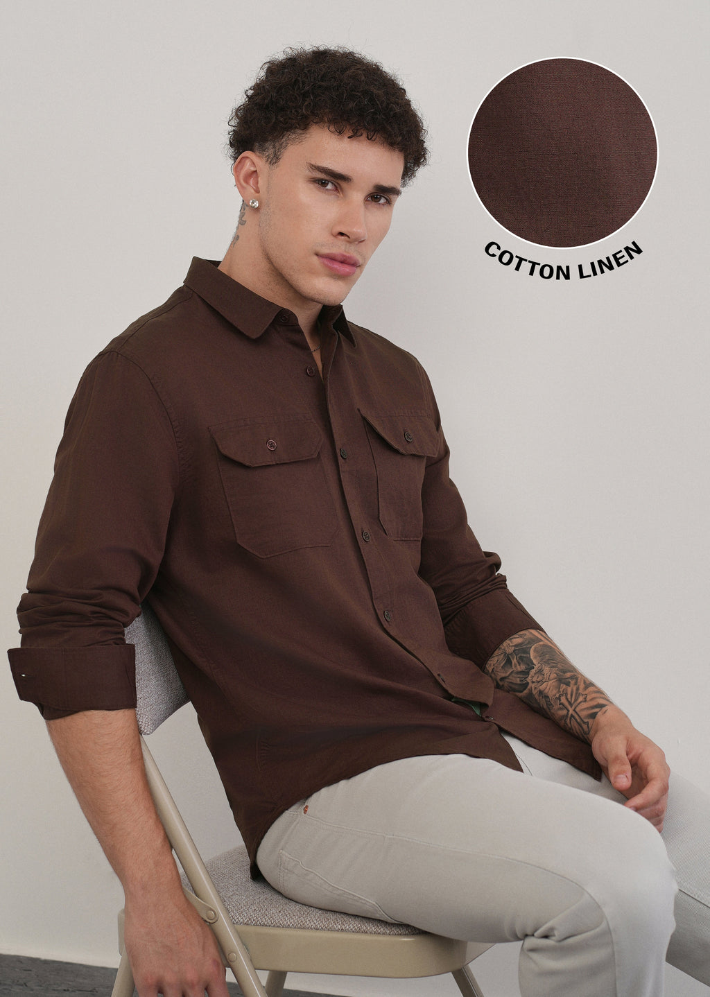Wine Cotton Linen Flap Pocket Shirt