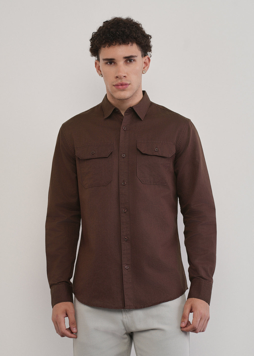 Wine Cotton Linen Flap Pocket Shirt