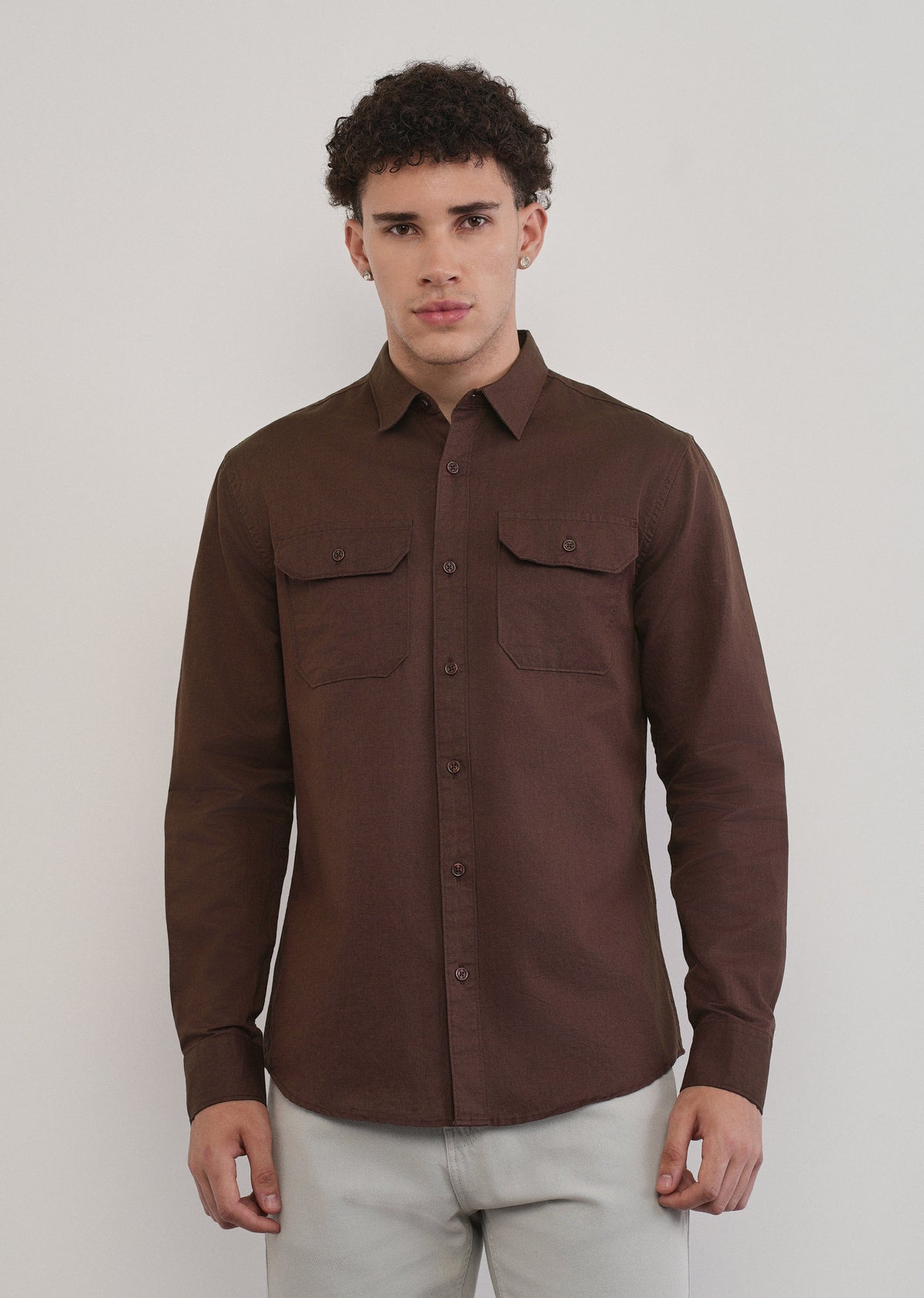 Wine Cotton Linen Flap Pocket Shirt