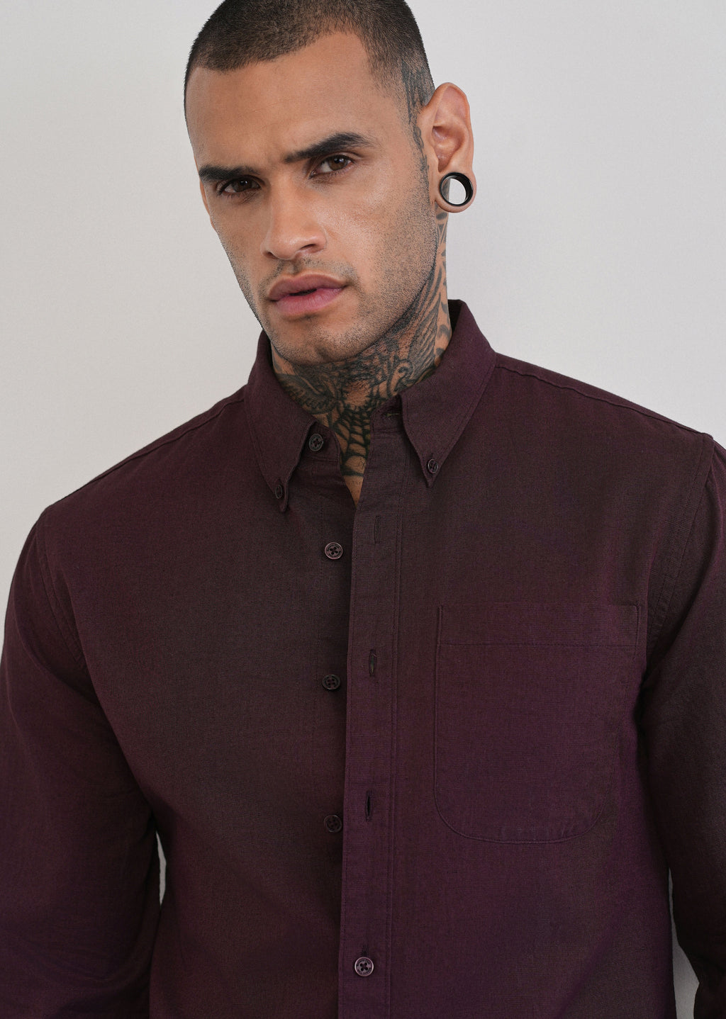 Wine Cotton Linen Plain Shirt