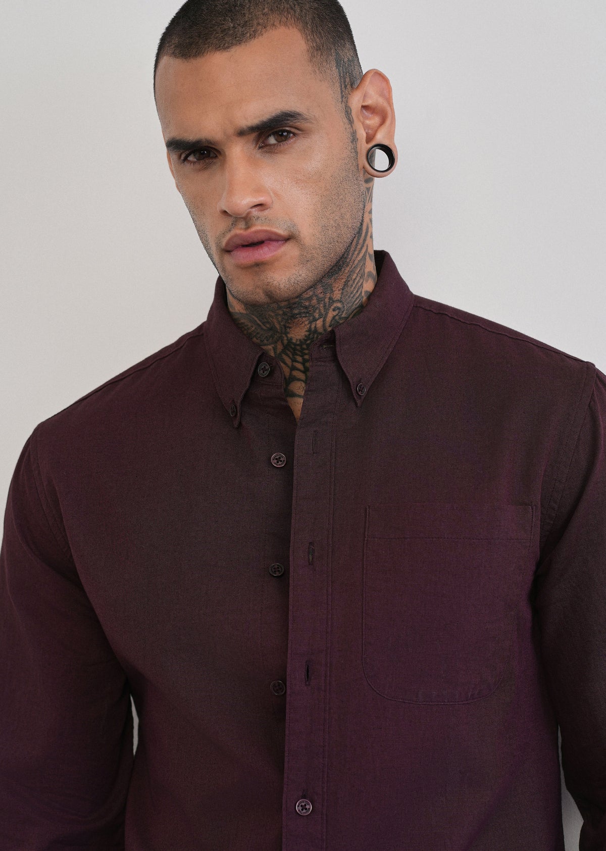 Wine Cotton Linen Plain Shirt
