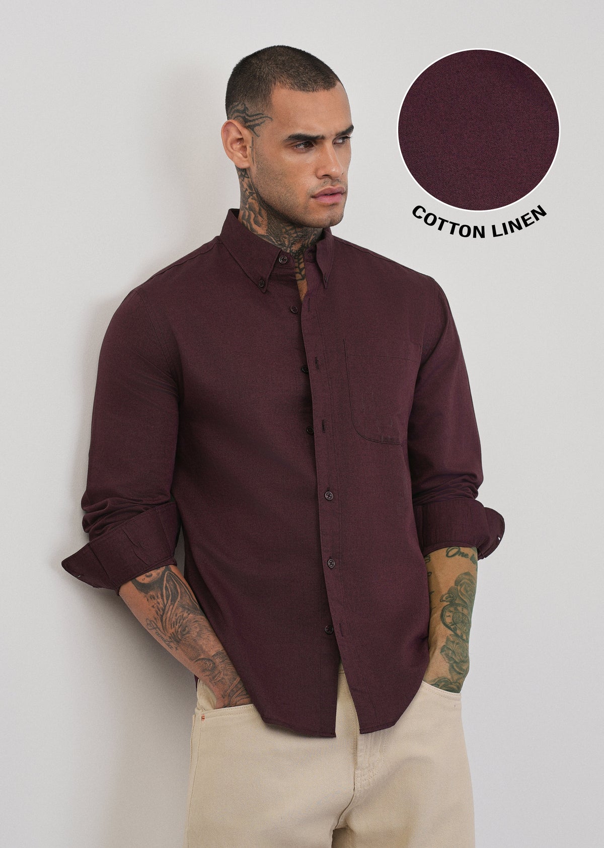 Wine Cotton Linen Plain Shirt