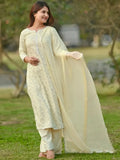 Libas Yellow Printed Cotton Straight Kurta With Palazzos & Dupatta