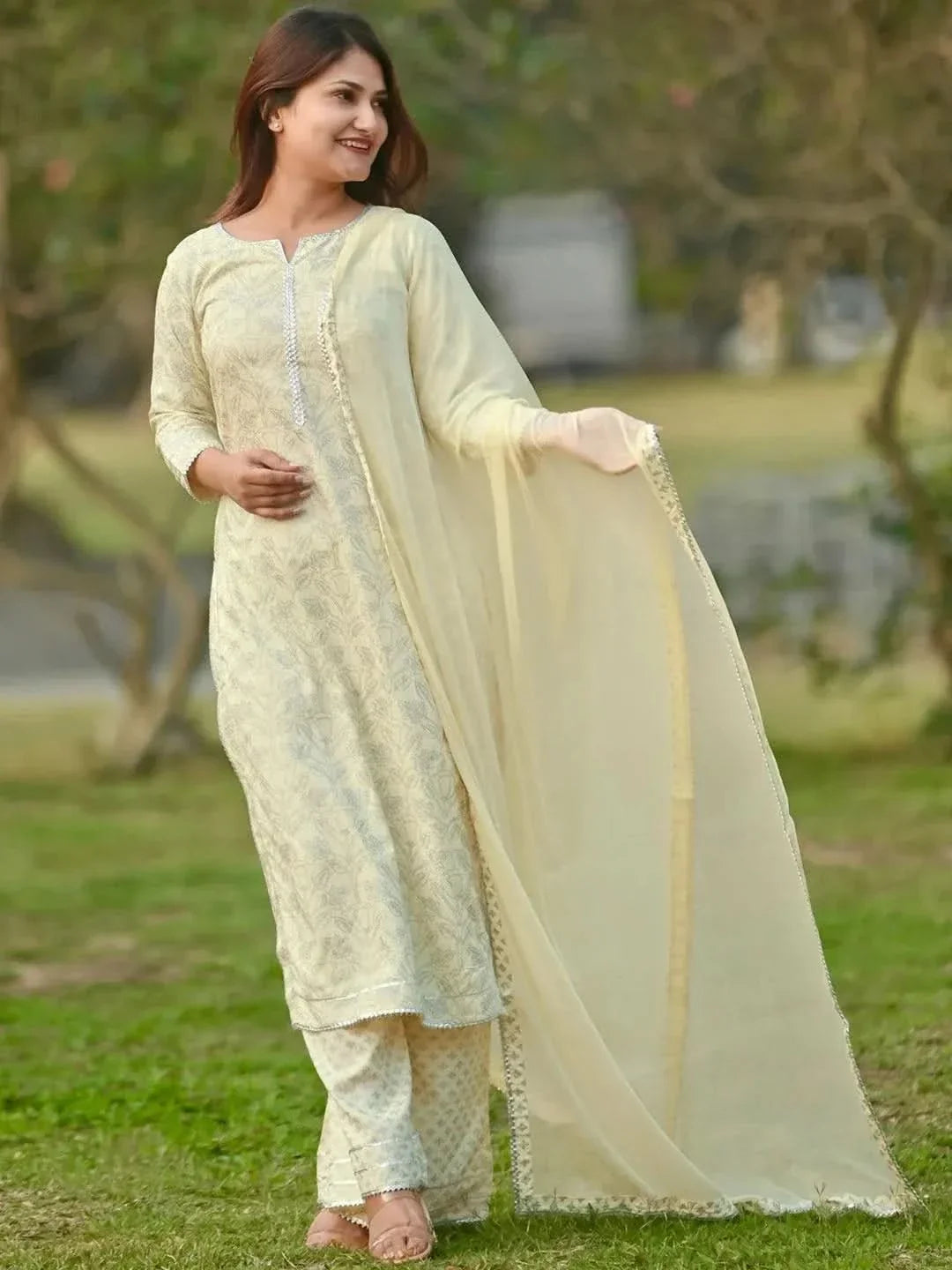 Libas Yellow Printed Cotton Straight Kurta With Palazzos & Dupatta