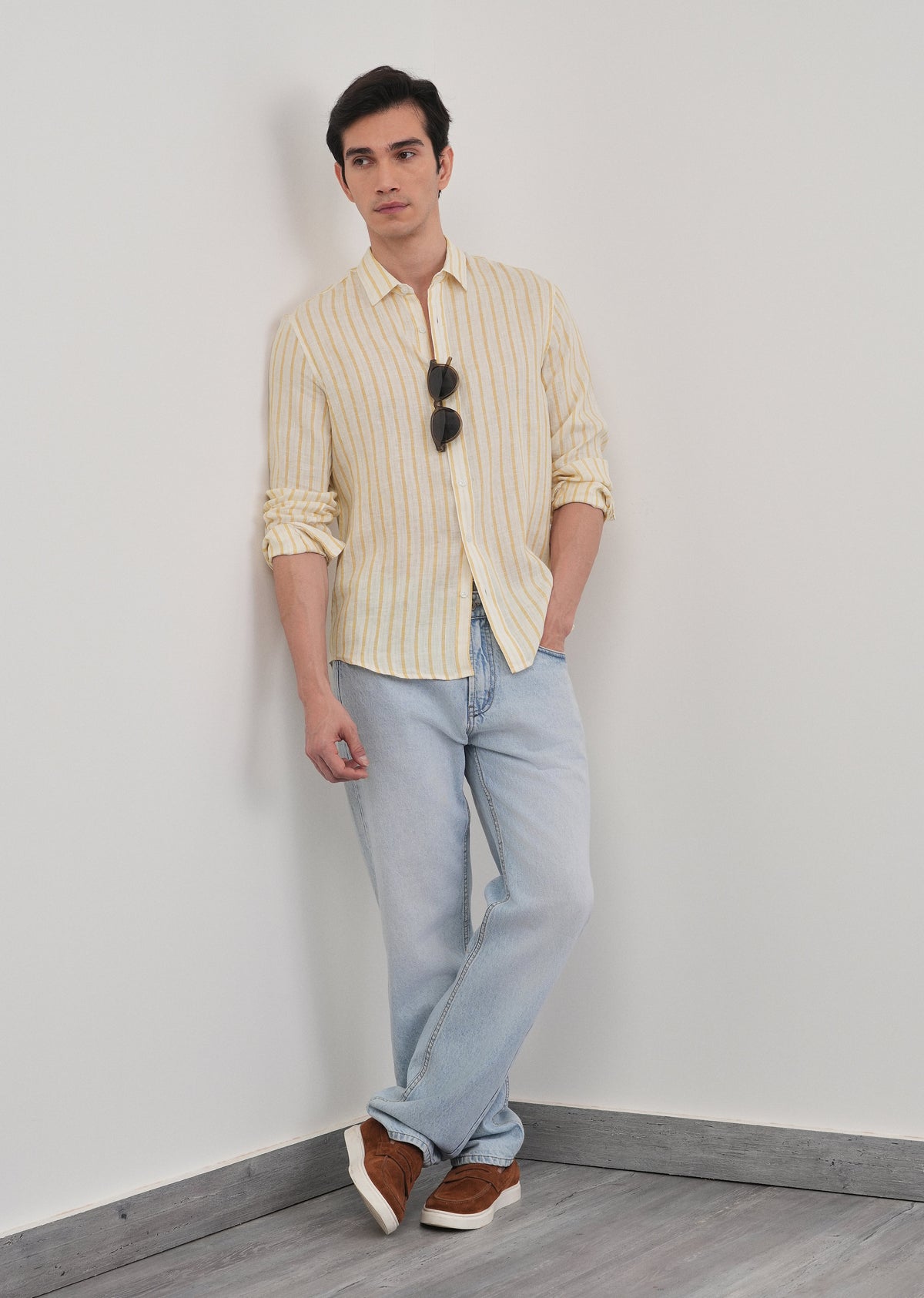 100% Linen Yellow Self-Stripe Shirt