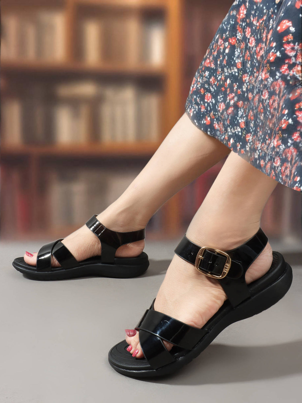 Black Color Women Buckle Comfort Sandals | SD89 - view 1