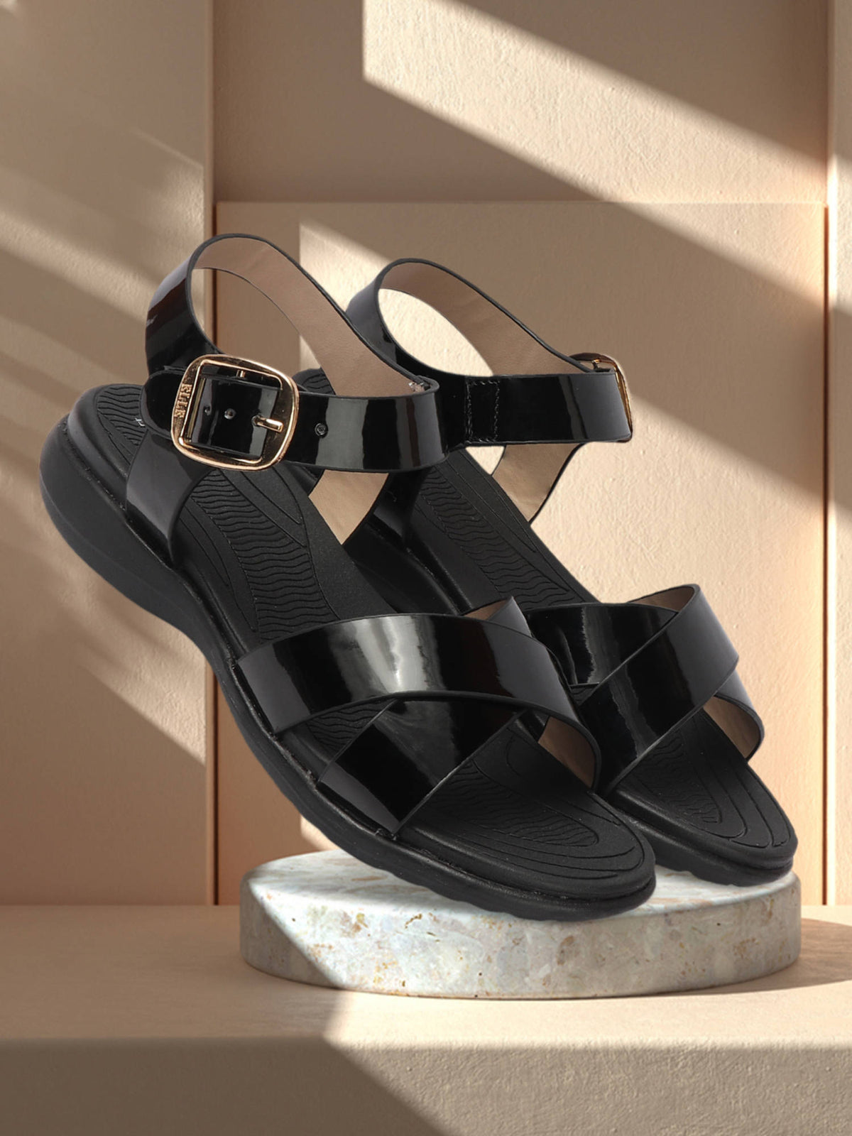 Black Color Women Buckle Comfort Sandals | SD89 - view 2