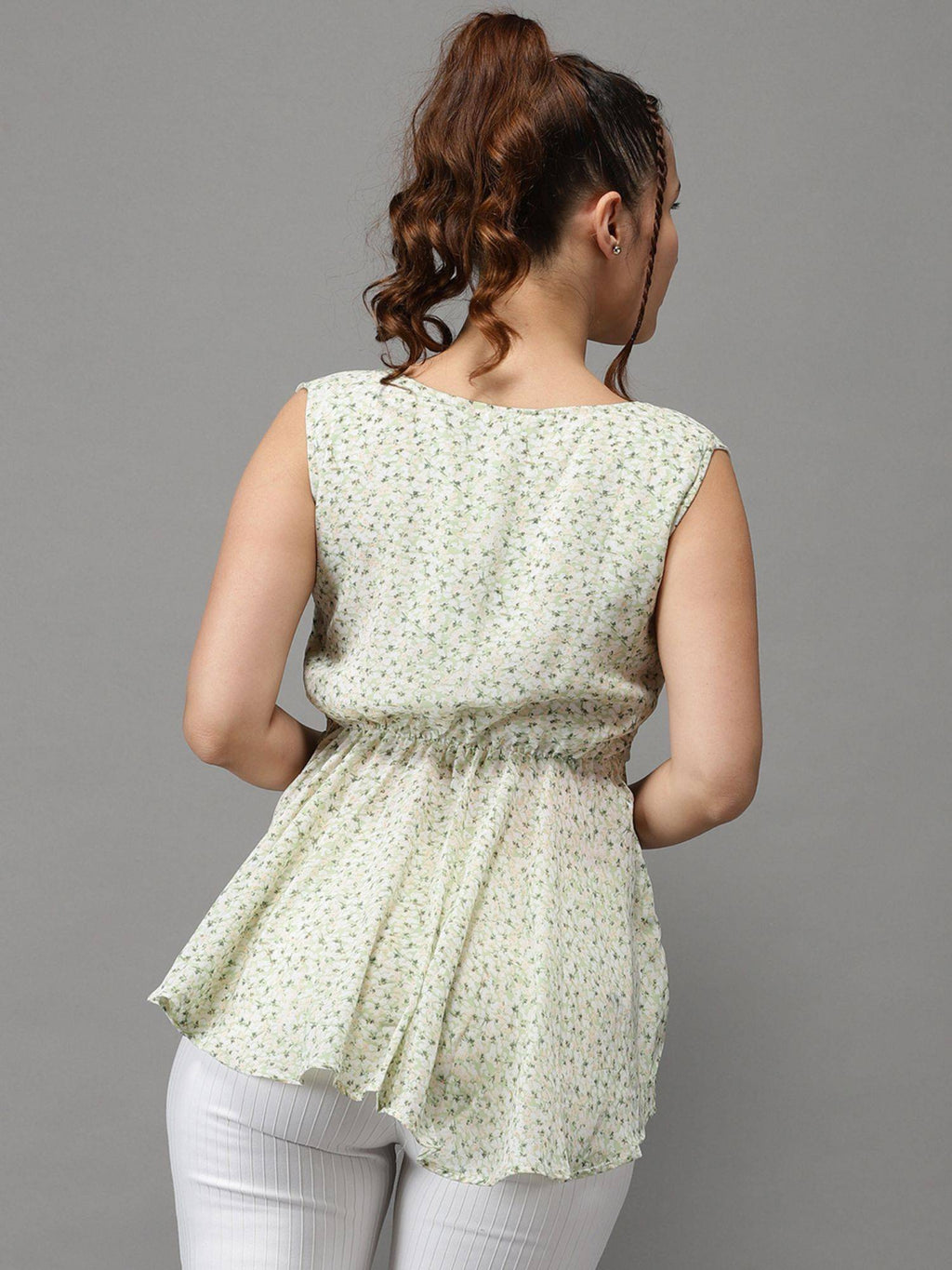 Womens Floral V-neck Green Peplum Regular Top | pt51 - view 2