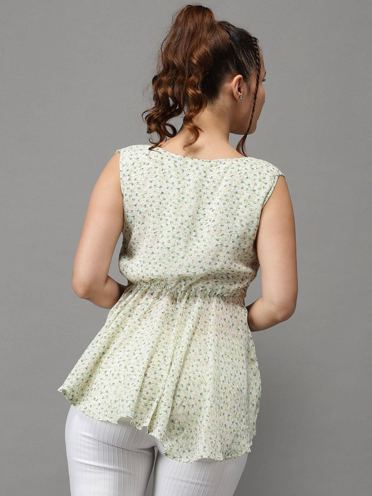 Womens Floral V-neck Green Peplum Regular Top | pt51 - view 2