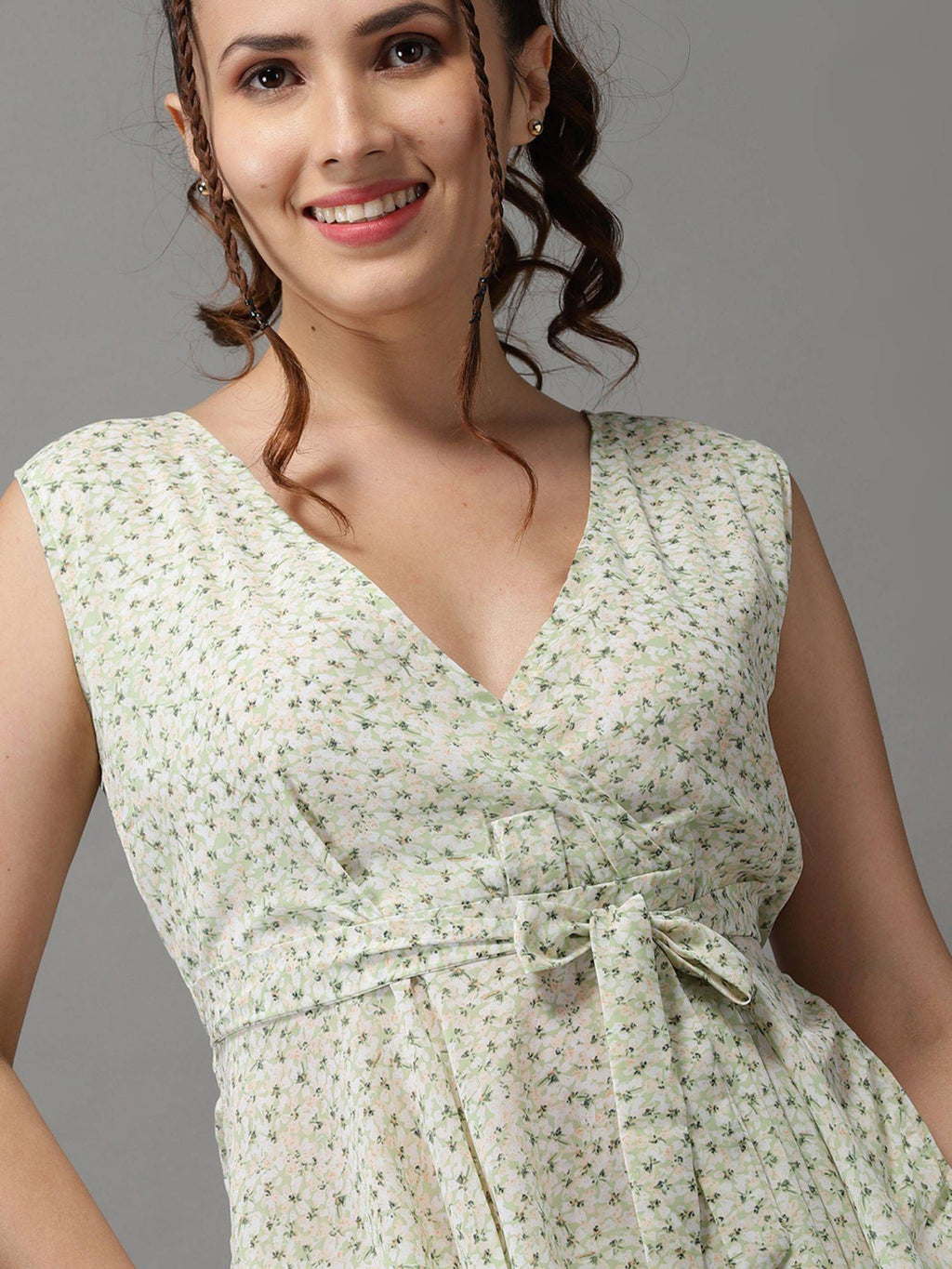 Womens Floral V-neck Green Peplum Regular Top | pt51 - view 4