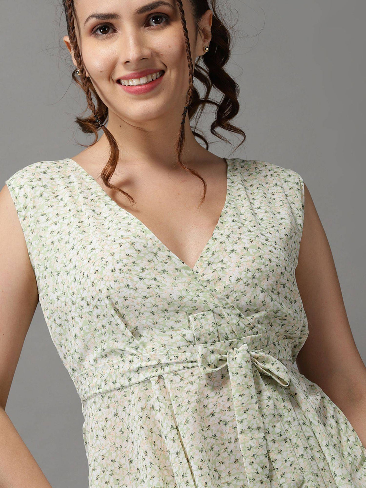 Womens Floral V-neck Green Peplum Regular Top | pt51 - view 4