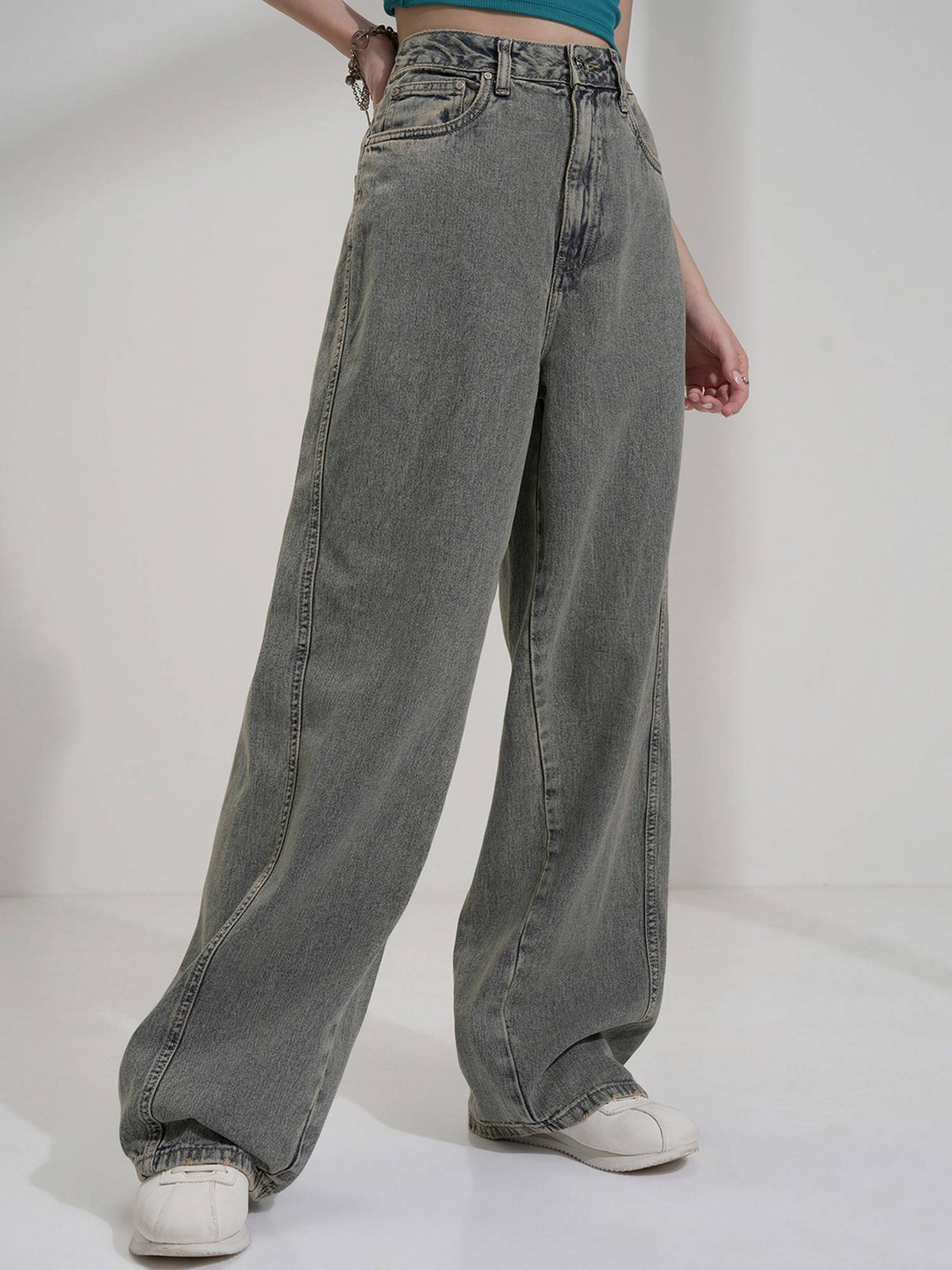 Women Navy Blue Cotton Solid Wide Jeans | BG78 - view 1