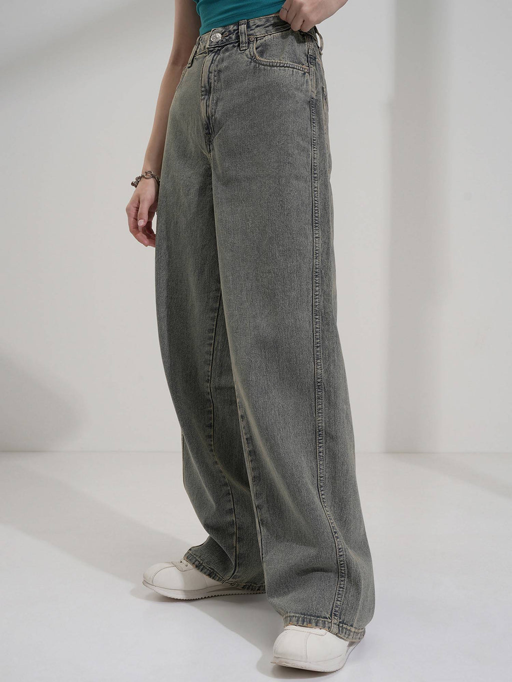 Women Navy Blue Cotton Solid Wide Jeans | BG78 - view 4