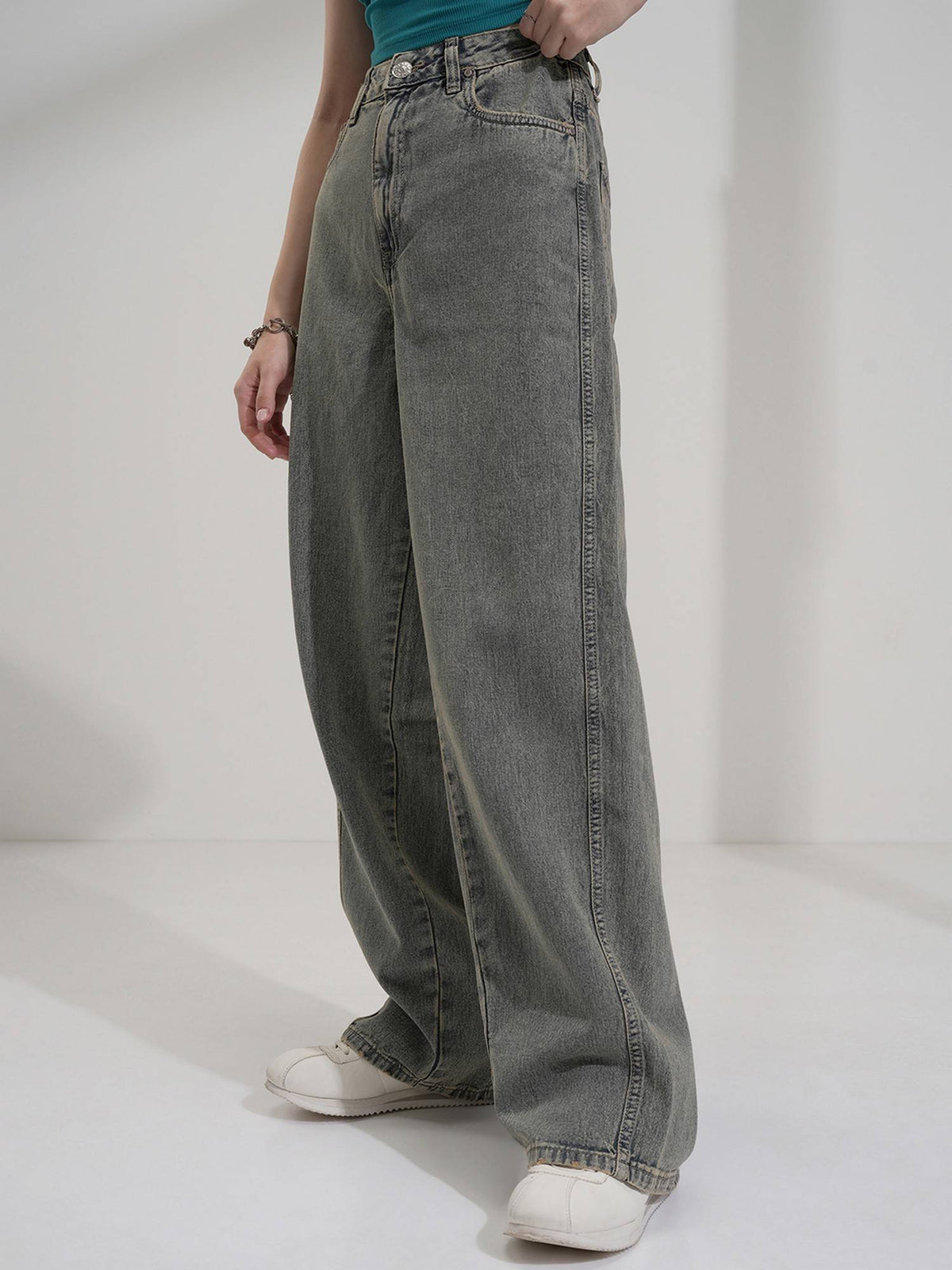 Women Navy Blue Cotton Solid Wide Jeans | BG78 - view 4