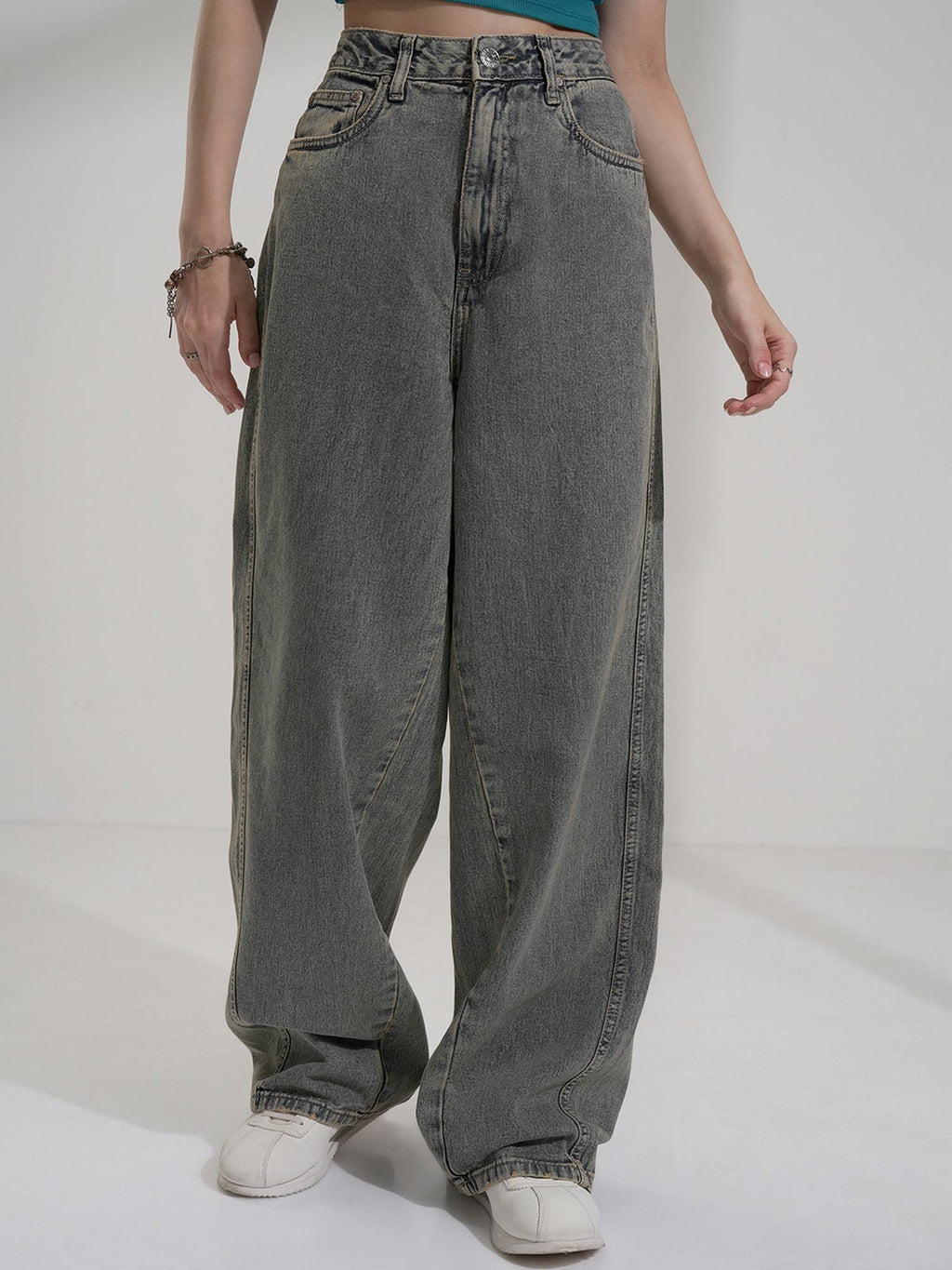Women Navy Blue Cotton Solid Wide Jeans | BG78 - view 6