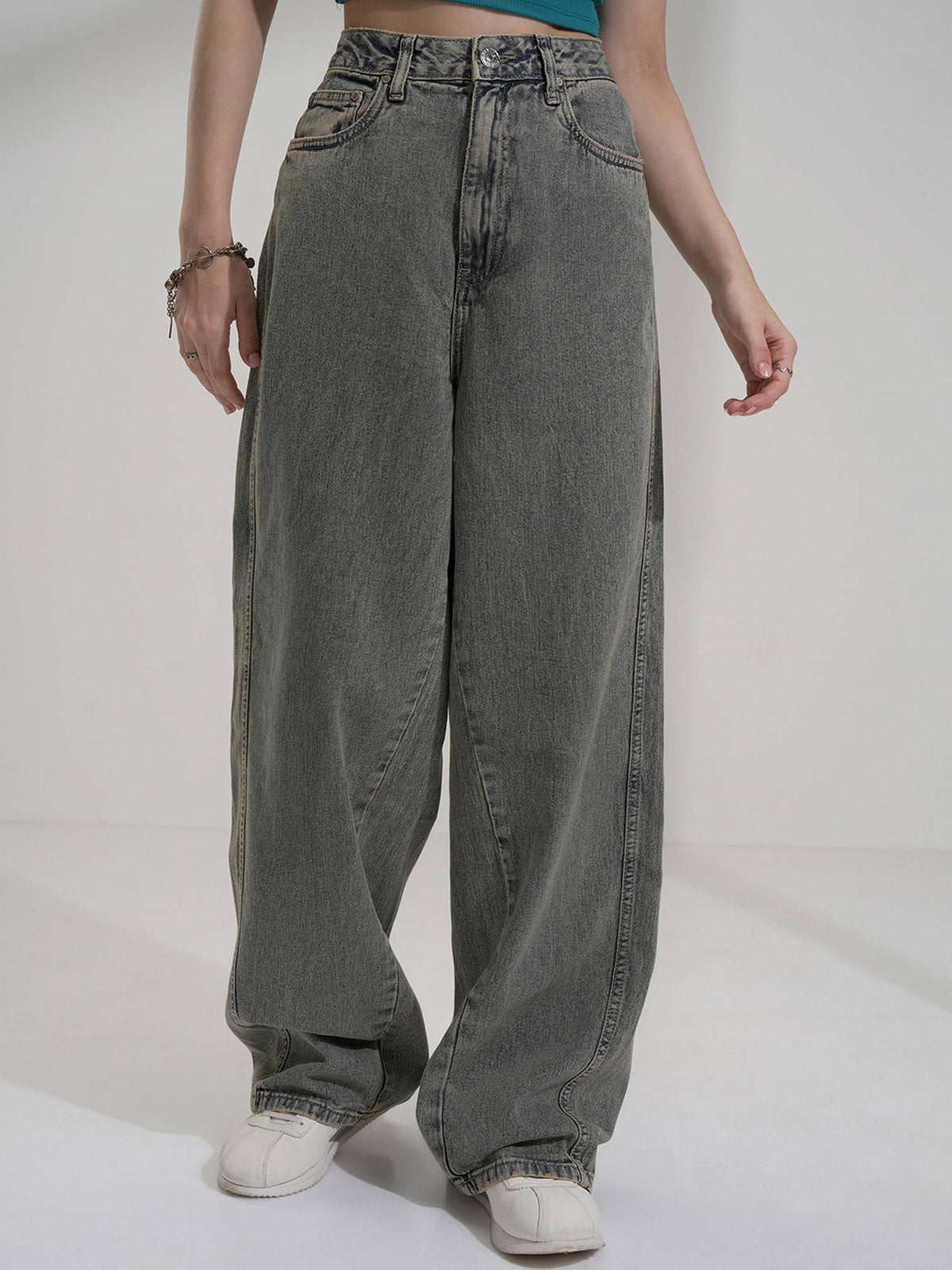 Women Navy Blue Cotton Solid Wide Jeans | BG78 - view 6