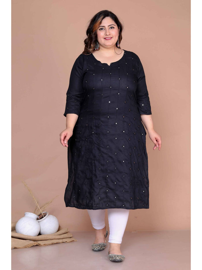 Women's Plus Size Black Embroidered and Mirror Work Straight Kurta | FY93 - view 1