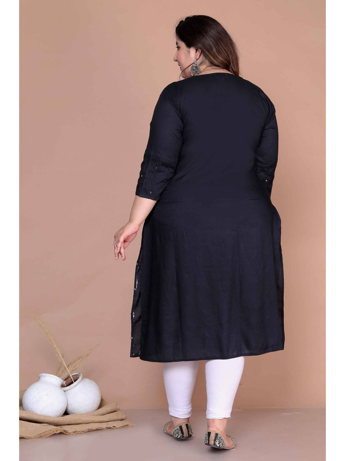 Women's Plus Size Black Embroidered and Mirror Work Straight Kurta | KDG - view 2