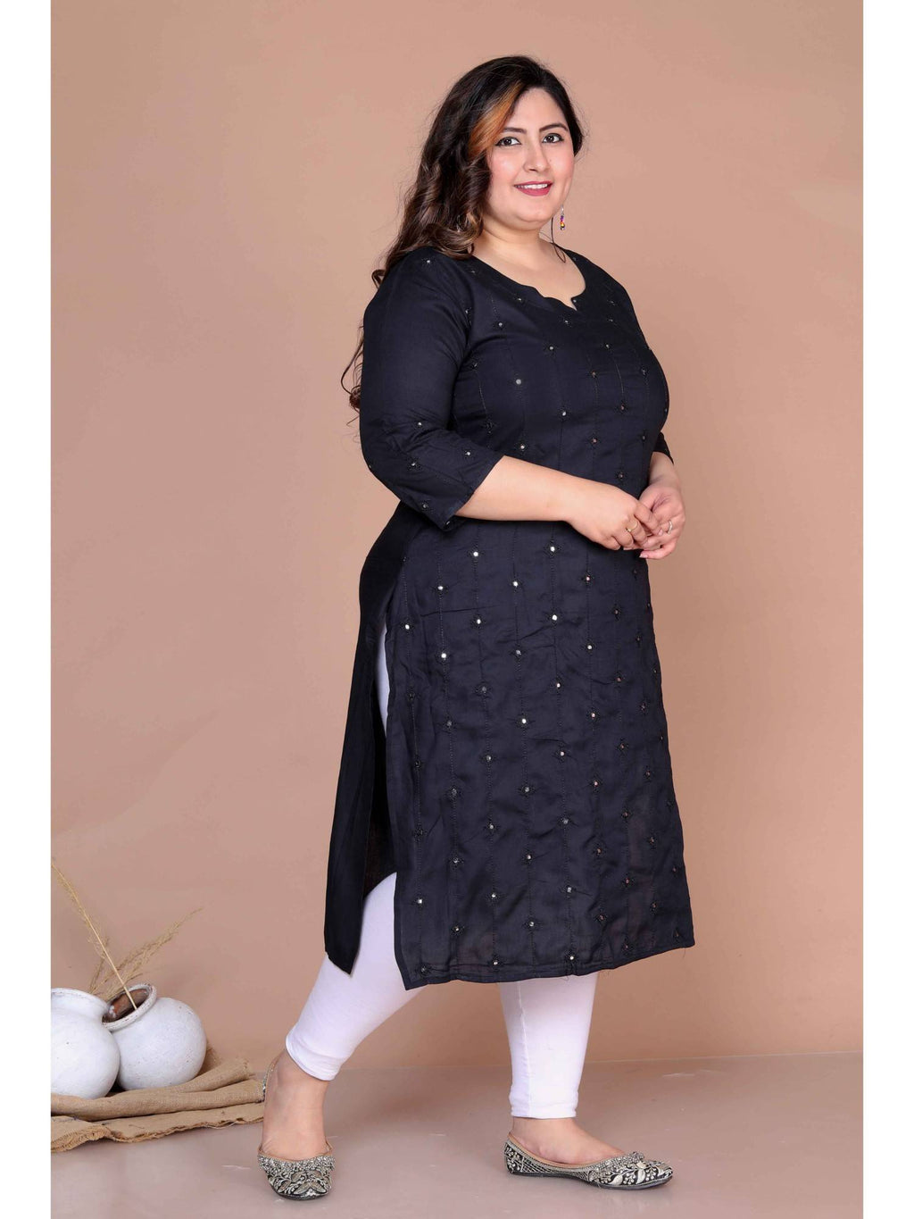 Women's Plus Size Black Embroidered and Mirror Work Straight Kurta | KDG - view 3