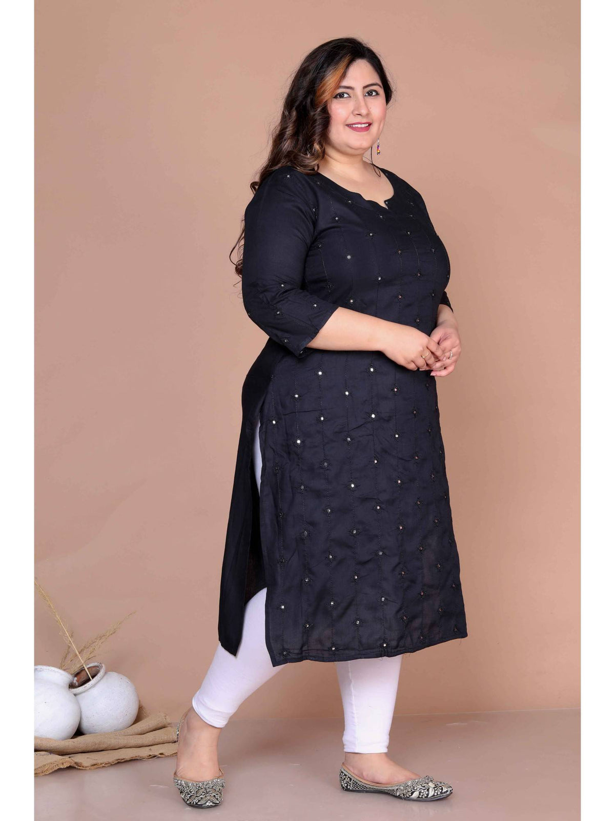 Women's Plus Size Black Embroidered and Mirror Work Straight Kurta | KDG - view 3
