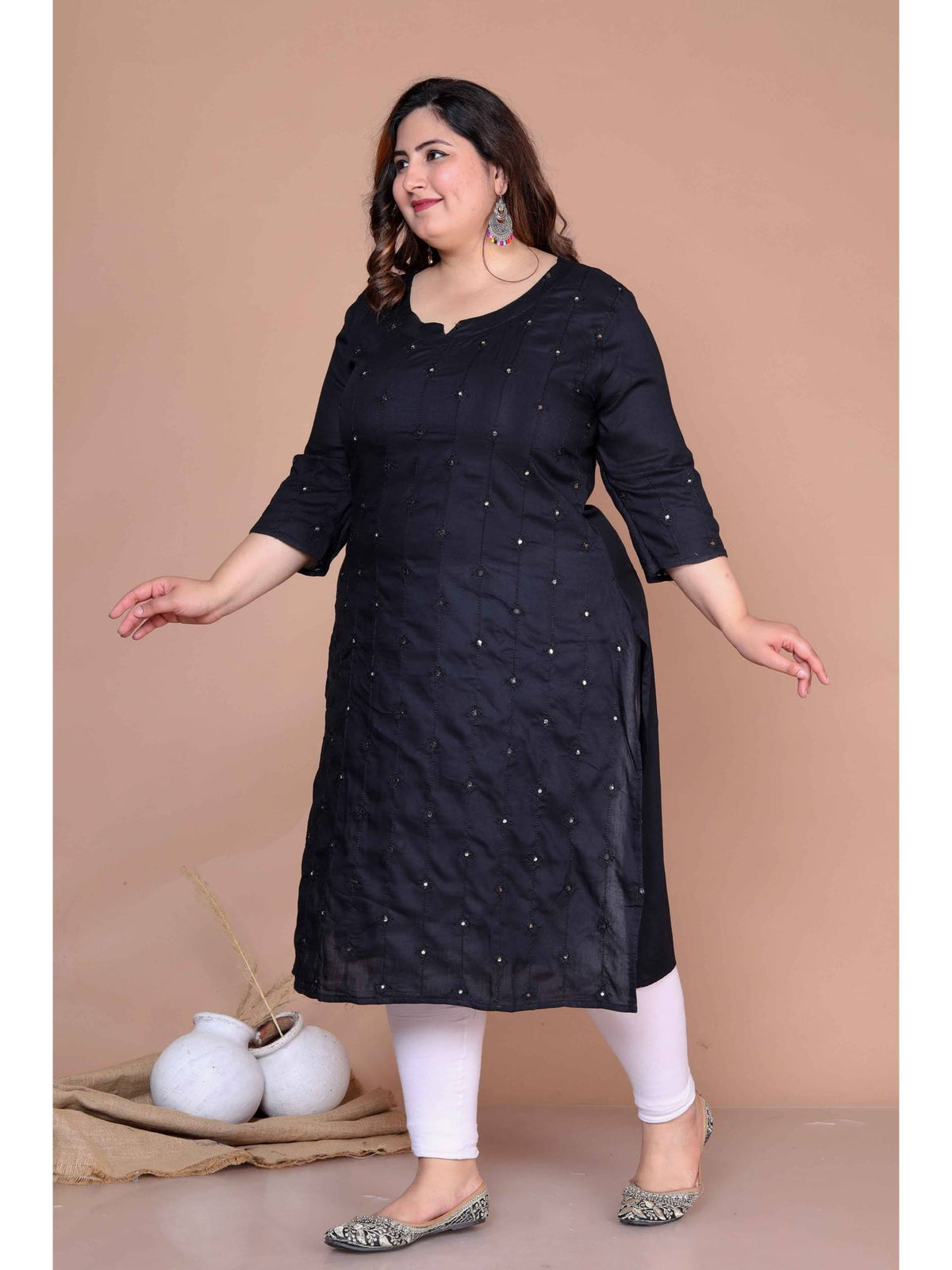 Women's Plus Size Black Embroidered and Mirror Work Straight Kurta | FY93 - view 4