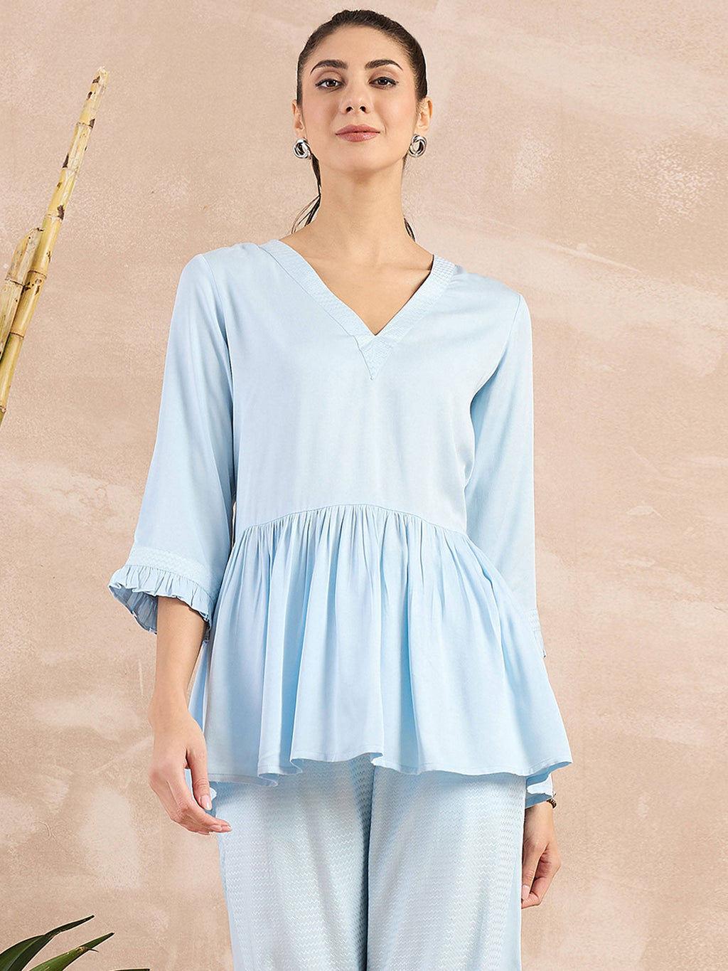 Sky Blue Herringbone V-Neck Peplum Top | pt51 - view 1