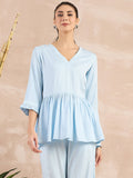 Sky Blue Herringbone V-Neck Peplum Top | pt51 - view 1