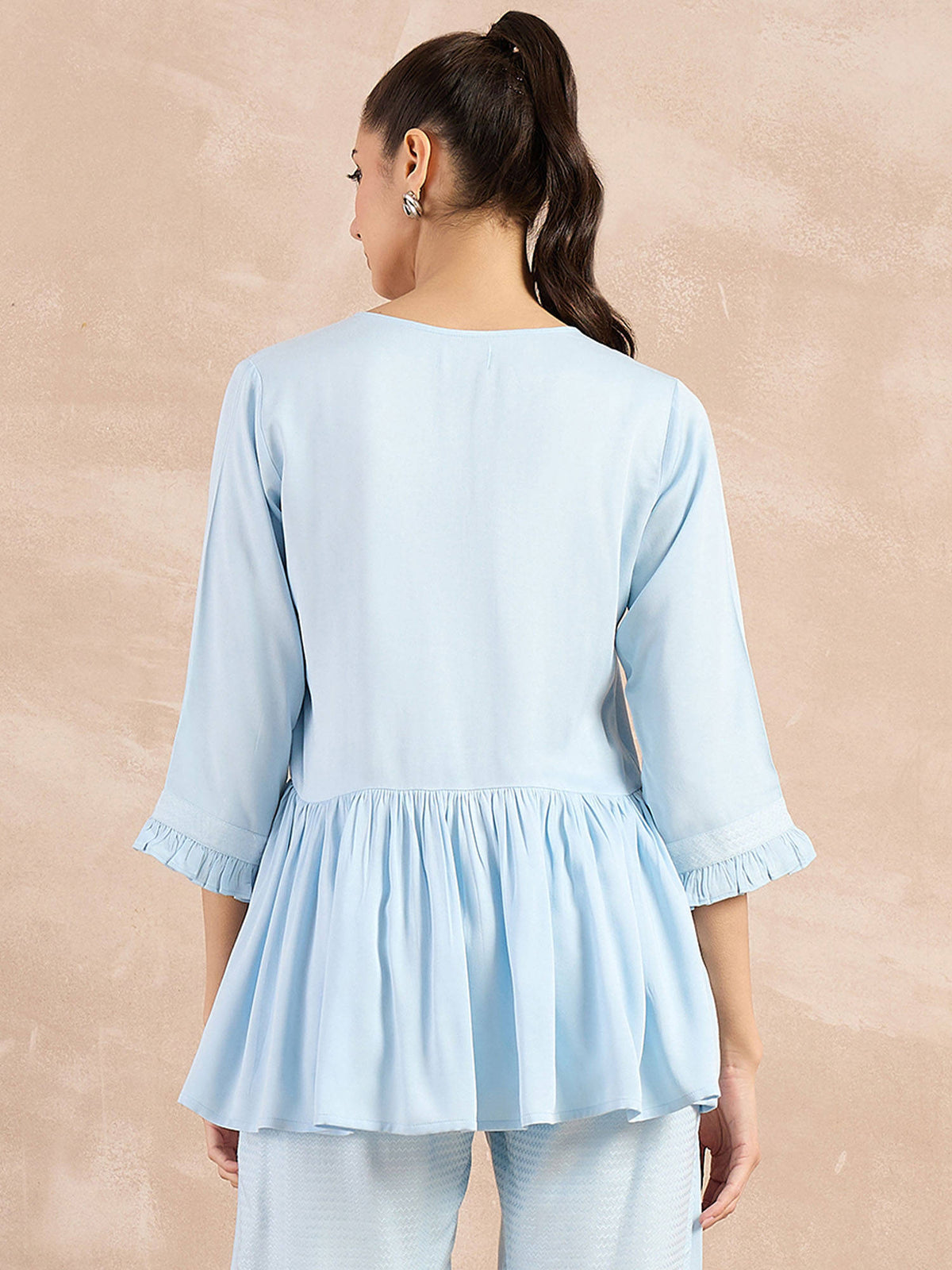 Sky Blue Herringbone V-Neck Peplum Top | pt51 - view 2