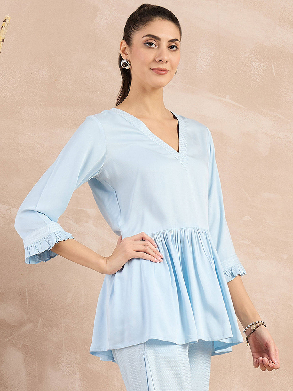 Sky Blue Herringbone V-Neck Peplum Top | pt51 - view 4