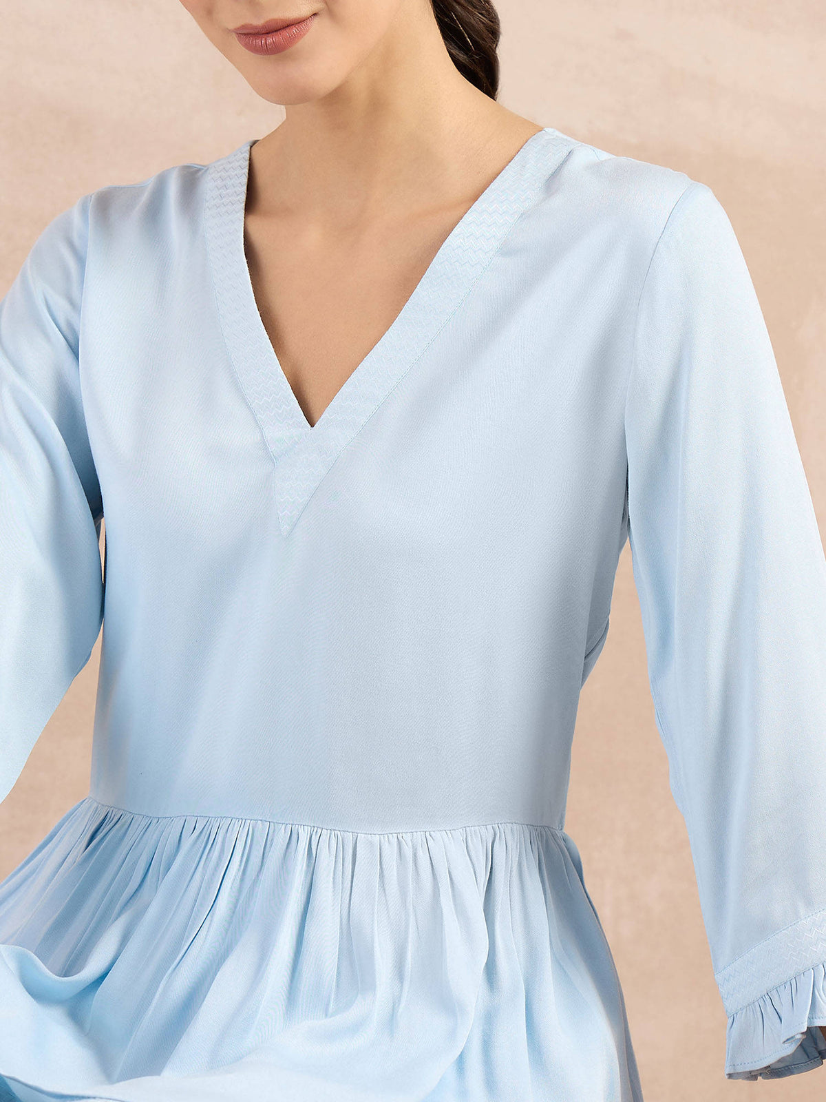 Sky Blue Herringbone V-Neck Peplum Top | pt51 - view 5