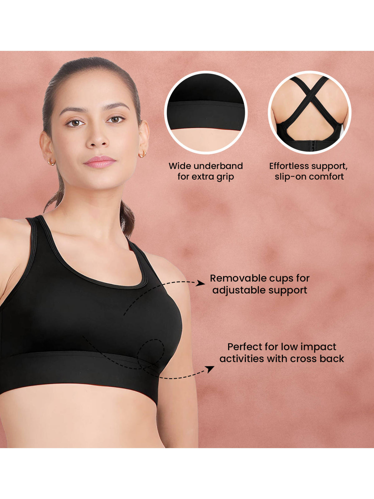 Black Beauty Removable Padding Low Impact Sports Bra | sb09 - view 5