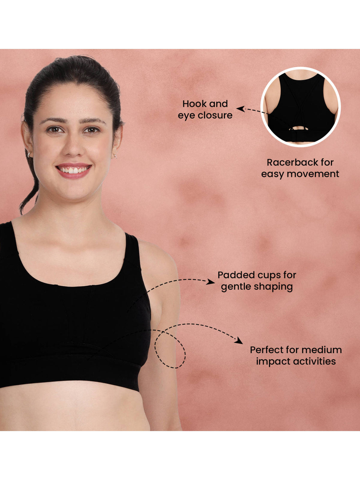 Black Beauty Medium Impact Racerback Padded Sports Bra | sb09 - view 5