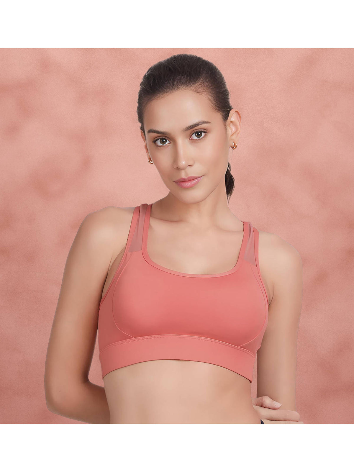 Sugar Coral Pink Medium Impact Recerback Keyhole Sports Bra | sb09 - view 1
