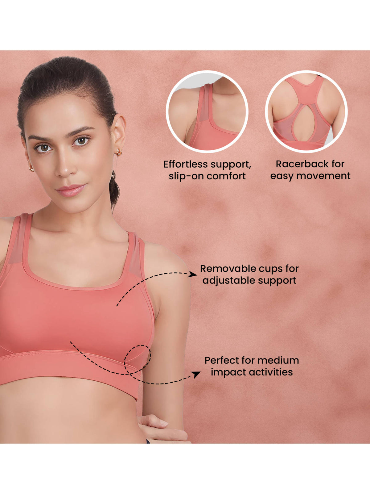 Sugar Coral Pink Medium Impact Recerback Keyhole Sports Bra | sb09 - view 5